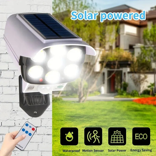 Outdoor Motion Sensor Solar Lights 77 LED FloodLight Waterproof Wireless Dummy Decoy Fake Security Camera for Porch Garden Patio